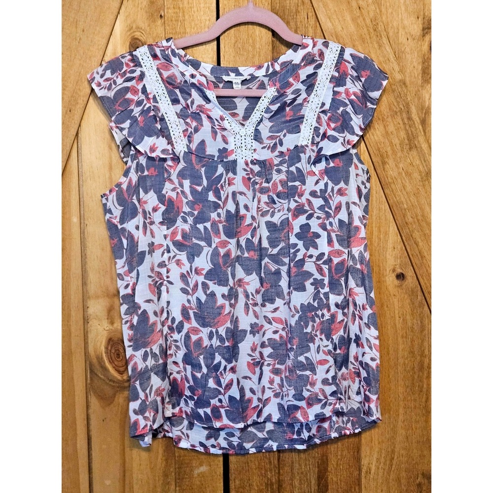 Como Blu Peasant Top Women Large Blue Watercolor Floral Crochet Lace Ruffle #785